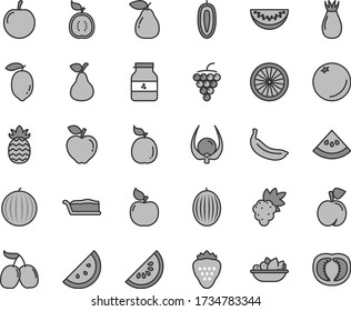 Thin line gray tint vector icon set - cake slice vector, a plate of fruit, jar jam, strawberry, pear, orange, peach, grape, large, apricot, red apple, rose hip, tasty cornels, melon, water, plum