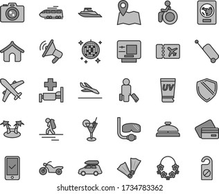 Thin line gray tint vector icon set - train vector, car baggage, motorcycle, backpacker, passenger, passport, plane ticket, phone registration, rolling case, arrival, atm, credit card, boungalow