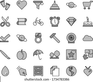 Thin line gray tint vector icon set - tassel vector, scissors, clean paper, footprints, cake, birthday, Puzzles, books, hammer, alarm clock, heart, drop, umbrella, nightstand, lens, apple, trees