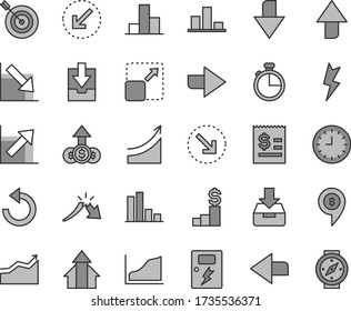 Thin line gray tint vector icon set - upward direction vector, downward, right, left, counterclockwise, bar chart, growth, negative, download archive data, lightning, dangers, bottom arrow, timer