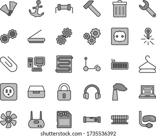 Thin line gray tint vector icon set - laptop vector, bin, Kick scooter, gears, power socket type b, f, construction level, heating coil, hammer, lock, anchor, drawer, hanger, clip, marine propeller