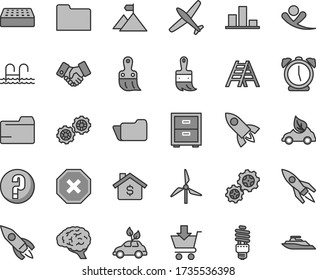 Thin line gray tint vector icon set - mark of injury vector, folder, bedside table, question, gears, plastic brush, wooden paint, ladder, brick, alarm clock, put in cart, windmill, eco car, rocket