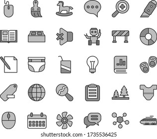 Thin line gray tint vector icon set - matte light bulb vector, zoom, remove label, nappy, Child T shirt, beanbag, e, small rocking horse, shoes for little children, plastic brush, building block