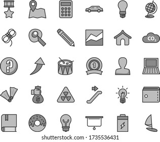 Thin line gray tint vector icon set - graphite pencil vector, purse, woman, line chart, question, drum, e, hawser, bulb, glazed cake with a hole, charging battery, light, CO2, calculator, nuclear