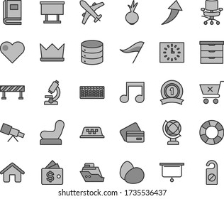 Thin line gray tint vector icon set - wind direction indicator vector, storage unit, Baby chair, house, road fence, heart, globe, big data, crossed cart, eggs, beet, billboard, black clock, keyboard