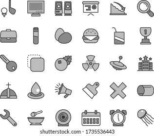 Thin line gray tint vector icon set - monitor vector, cross, deep plate with a spoon, e, yule, key, putty knife, alarm clock, lens, copy, eggs, big burger, blueberries, drop of oil, pipe, repair