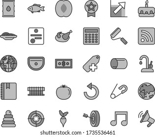 Thin line gray tint vector icon set - counterclockwise vector, add label, rss feed, growth chart, open pin, stacking rings, new roller, sink, kitchen faucet, notebook, slices of onion, torte, fish