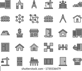 Thin line gray tint vector icon set - house vector, box of bricks, dwelling, brick wall, window, frame, ntrance door, interroom, buildings, city block, tile, ceramic tiles, fence, hedge, paving slab