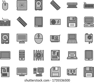 Thin line gray tint vector icon set - floppy disk vector, laptop, monitor, keyboard, screen, processor, computer, tablet pc, notebook, radiator fan, mouse, power supply, tower, motherboard, memory