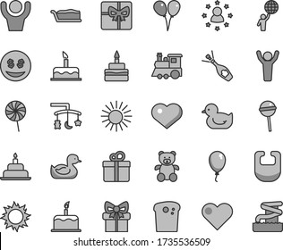 Thin line gray tint vector icon set - heart symbol vector, toys over the cradle, bib, rubber duck, baby duckling, teddy bear, children's train, colored air balloons, balloon, cake, birthday, gift
