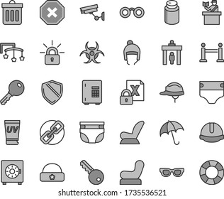 Thin line gray tint vector icon set - mark of injury vector, spectacles, toys over the cot, diaper, nappy, powder, Baby chair, car child seat, winter hat, warm, construction helmet, dust bin, key
