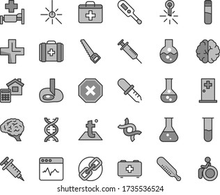 Thin line gray tint vector icon set - mark of injury vector, spectacles, first aid kit, plus, electronic thermometer e, mercury, bag a paramedic, medical, arm saw, estimate, temperature, cardiogram