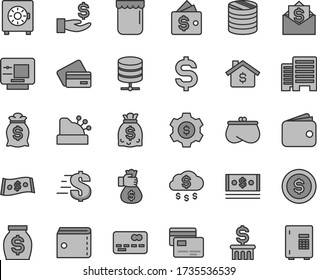 Juego de iconos de vectores de tintes grises de línea delgada - bolsa vectorial, dólar, edificios, servidor de grandes datos, caja fuerte, tarjetas, mermelada, frente a la tarjeta bancaria, monedas de columna, denominación, obtener un sueldo, cartera, dinero, dólares