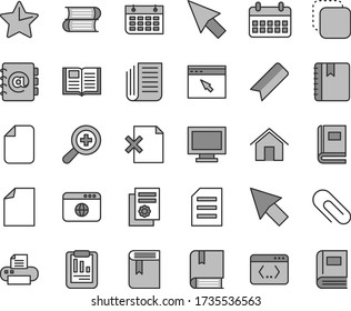 Thin line gray tint vector icon set - monitor window vector, clip, bookmark, clean sheet of paper, zoom, book, e, books, home, star, notebook, address, delete page, copy, statistical report, wall