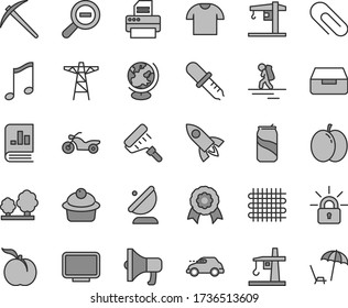 Thin line gray tint vector icon set - clip vector, zoom out, crane, paint roller, music, drawer, T shirt, megaphone, muffin, soda can, ripe peach, apple, power pole, trees, weaving, tower, retro car