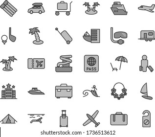 Thin line gray tint vector icon set - suitcase vector, passport, plane, car baggage, camper, passenger, rolling, ticket, case, hotel, tent, beach, arnchair under umbrella, palm tree, hawaii wreath