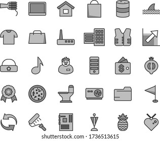 Thin line gray tint vector icon set - paper bag vector, folder, renewal, pennant, growth chart, warm hat, dwelling, paint roller, comfortable toilet, city block, T shirt, pizza, noodles, pineapple