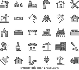 Thin line gray tint vector icon set - house vector, box of bricks, tower crane, dwelling, hook, building trowel, concrete mixer, small tools, wooden paint brush, ladder, siphon, level, city block