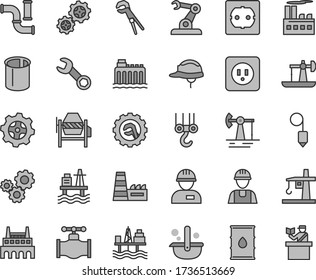 Thin line gray tint vector icon set - builder vector, workman, winch hook, concrete mixer, adjustable wrench, power socket type b, f, helmet, plummet, star gear, sea port, commercial seaport, valve