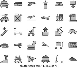 Thin line gray tint vector icon set - paper airplane vector, Baby chair, summer stroller, toy train, Kick scooter, child, car, sea port, coal mining, gas station, conveyor, canister, trolley with