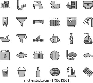 Thin line gray tint vector icon set - mug for feeding vector, baby duckling, children's bathroom, bucket, sink, shower, siphon, construction level, faucet mixer, kitchen, boiler, small fish, tea