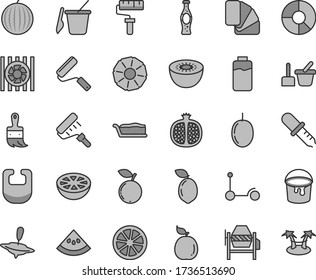 Thin line gray tint vector icon set - paint roller vector, bib, toy sand set, children's, small yule, Kick scooter, concrete mixer, bucket, new, sample of colour, wooden brush, cake slice, blueberry