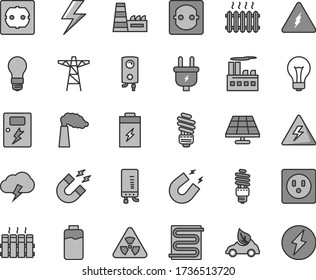 Thin line gray tint vector icon set - lightning vector, danger of electricity, matte light bulb, saving, power socket type f, dangers, heating coil, radiator, boiler, electronic, storm cloud, pole