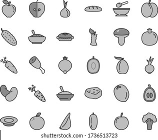 Thin line gray tint vector icon set - deep plate with a spoon vector, loaf, mushroom, pie, bowl of buckwheat porridge, rice, milk, chicken thigh, piece meat, cucumber, beet, garlic, carrot, apple