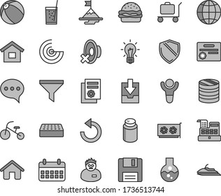 Thin line gray tint vector icon set - counterclockwise vector, silent mode, download archive data, powder, baby bath ball, tricycle, house, dwelling, brick, speech, earth, burger, a glass of soda