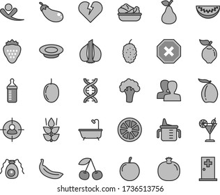 Thin line gray tint vector icon set - mark of injury vector, women, measuring cup for feeding, bottle, bath, broken heart, lettuce in a plate, milk, cocktail, strawberry, pear, mint, cherry, quince