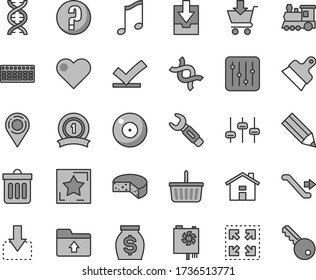 Thin line gray tint vector icon set - house vector, camera, grocery basket, download archive data, upload folder, question, putty knife, dust bin, heart, music, regulator, put in cart, size, cheese