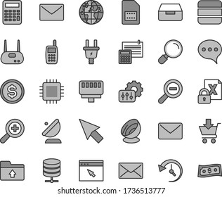 Thin line gray tint vector icon set - zoom vector, out, upload folder, calculation, envelope, magnifier, speech, big data server, drawer, put in cart, electric plug, satellite antenna, SIM card, cpu