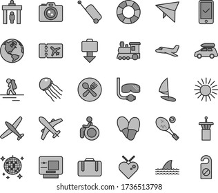 Thin line gray tint vector icon set - earth vector, plane, train, car baggage, hang glider, backpacker, airport tower, security gate, suitcase, ticket, phone registration, rolling case, getting, atm