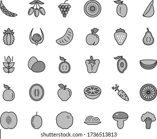 Thin line gray tint vector icon set - eggs vector, onion, mushroom, cabbage, peper, garlic, strawberry, mint, peach, large grape, red apple, half of mango, goji berry, melon, slice tangerine, kiwi