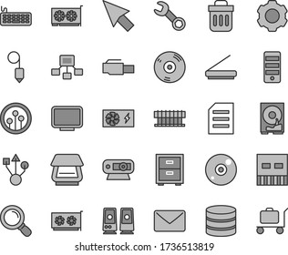 Thin line gray tint vector icon set - bedside table vector, plummet, hierarchical scheme, radiator fan, keyboard, pc power supply, tower, gpu card, monitor, web camera, hdd, usb, cd, scanner, mail