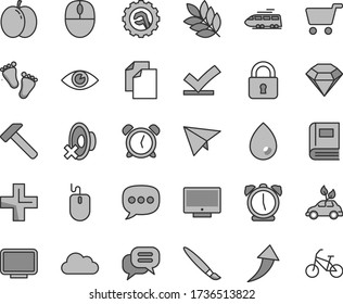 Thin line gray tint vector icon set - tassel vector, alarm clock, clean paper, plus, silent mode, footprints, star gear, hammer, lock, eye, drop, screen, apple, environmentally friendly transport
