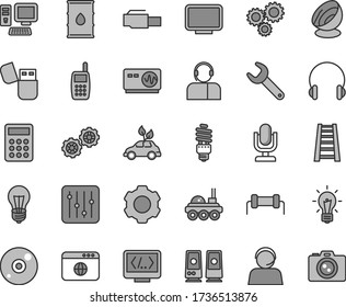 Thin line gray tint vector icon set - desktop microphone vector, gears, stepladder, headphones, regulator, operator, oil, bulb, energy saving, environmentally friendly transport, repair key, three