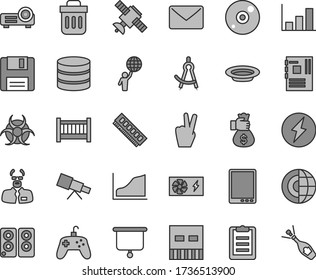 Thin line gray tint vector icon set - baby cot vector, plate, tablet pc, power supply, motherboard, memory, usb, cd, speaker, trash bin, floppy, projector, joystick, big data, mail, telescope
