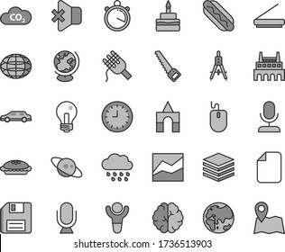 Thin line gray tint vector icon set - incandescent lamp vector, floppy disk, line chart, rainy cloud, box of bricks, arm saw, microphone, pile, no sound, Hot Dog, spaghetti, birthday cake, pie, CO2