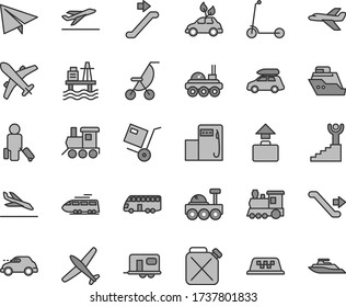 Thin line gray tint vector icon set - paper airplane vector, summer stroller, baby toy train, child Kick scooter, shipment, sea port, modern gas station, canister, environmentally friendly transport