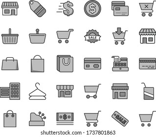 Thin line gray tint vector icon set - paper bag vector, grocery basket, bank card, dollar, e, city block, cart, put in, crossed, with handles, cards, kiosk, hanger, label, stall, shopping, cash