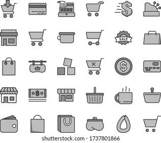 Thin line gray tint vector icon set - paper bag vector, grocery basket, bank card, dollar, children's potty, cubes for children, cart, put in, crossed, with handles, kiosk, stick of sausage, cup tea