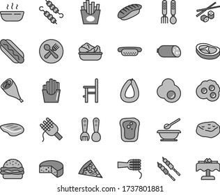 Thin line gray tint vector icon set - plates and spoons vector, a chair for feeding, plastic fork, iron, sausage, stick of, cheese, piece pizza, Hot Dog, mini, burger, spaghetti, noodles, porridge