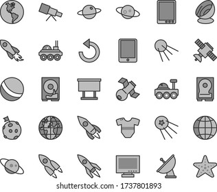 Thin line gray tint vector icon set - monitor vector, counterclockwise, t short, bath ball, earth, artificial satellite, planet, billboard, rocket, space, tablet pc, hdd, telescope, antenna, saturn