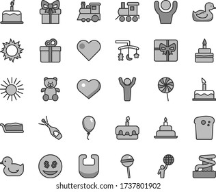 Thin line gray tint vector icon set - heart symbol vector, toys over the cradle, bib, rubber duck, baby duckling, teddy bear, toy train, children's, balloon, cake, birthday, gift, Easter, slice, sun