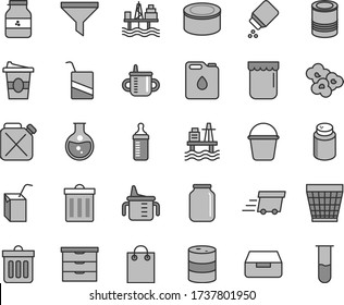 Thin line gray tint vector icon set - wicker pot vector, bin, storage unit, mug for feeding, measuring cup, bottle, powder, baby, e, packing of juice with a straw, bucket, dust, drawer, canned goods