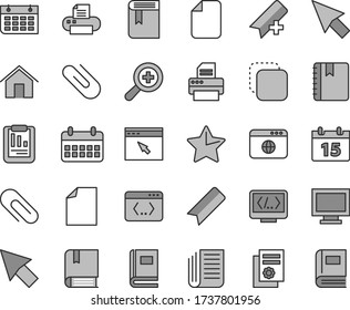 Thin line gray tint vector icon set - monitor window vector, clip, add bookmark, clean sheet of paper, zoom, book, e, home, calendar, star, notebook, copy, statistical report, scientific publication