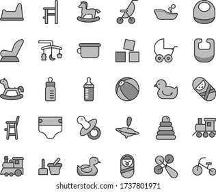 Thin line gray tint vector icon set - toys over the cradle vector, dummy, feeding bottle, measuring for, diaper, bib, baby, rattle, car child seat, stroller, summer, rubber duck, duckling, bath ball