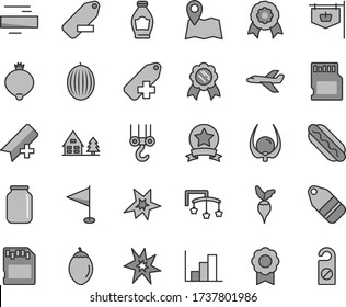 Thin line gray tint vector icon set - add bookmark vector, minus, label, remove, pennant, negative histogram, toys over the cot, winch hook, Hot Dog, bottle, medlar, melon, tamarillo, physalis, jar
