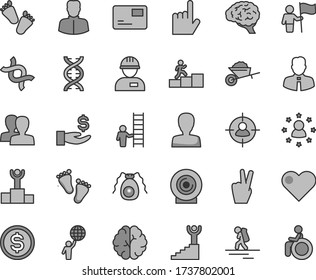 Thin line gray tint vector icon set - woman vector, women, footprints, children's tracks, workman, garden trolley, employee, heart, index finger, pass card, lens, man in sight, dollar, get a wage